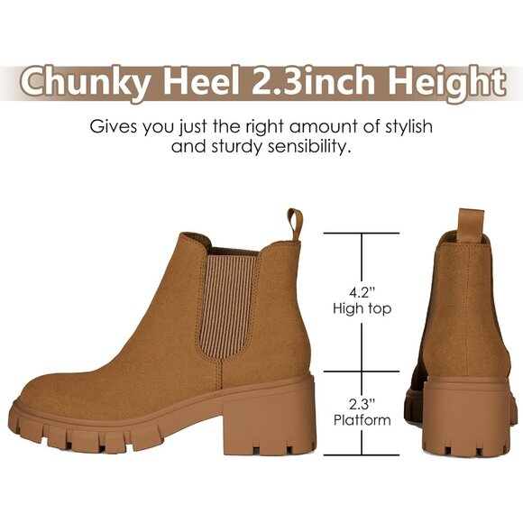 Women Chelsea Brown Suede Boot Fashion Lug Sole Chunky Heel Slip On Ankle Bootie - Picture 3 of 6